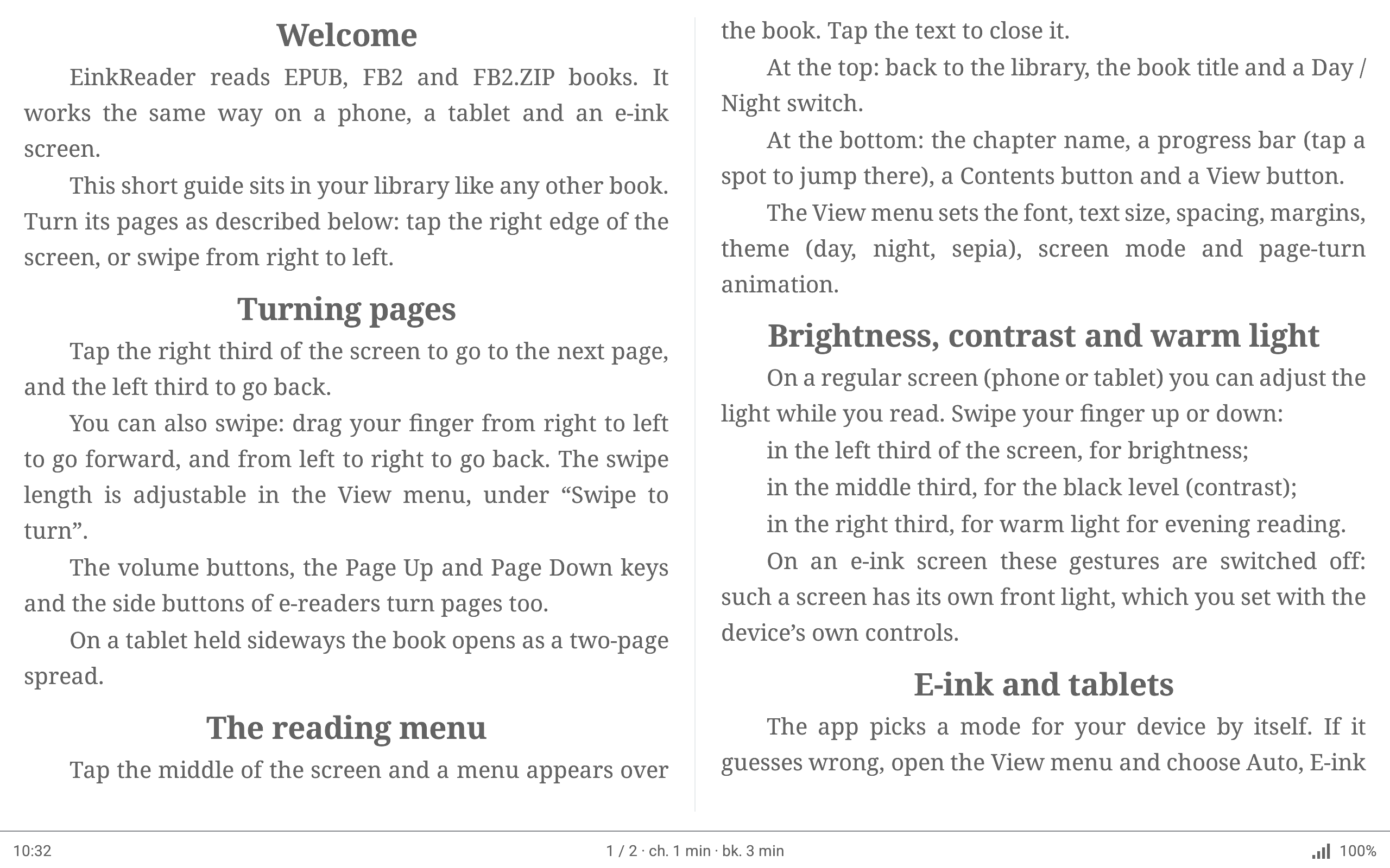 Two-page spread on a tablet in the day theme